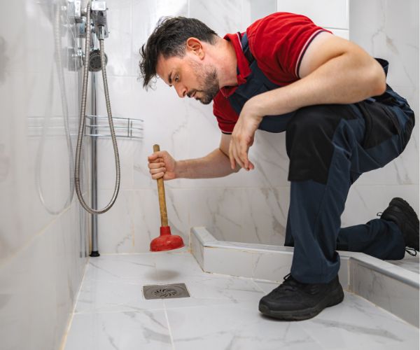 Installateur reinigt verstopften Abfluss mit Pümpel – WC & Toilette